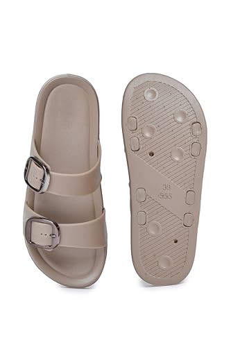 Image of Creattoes Women & Girls Comfort Slide Sandals | Triple Buckle Slip-On Flats | Soft Cushioned Anti-Skid Sole for Casual Wear | CR82