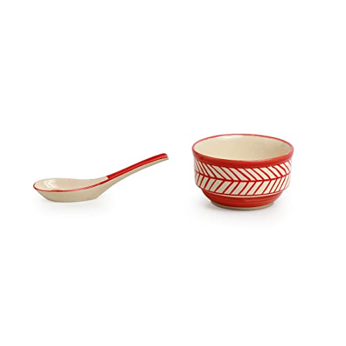 Image of ExclusiveLane 'Red Chevrons' Handcrafted Ceramic Soup Bowl with Spoon /Soup Cups (Set of 2, 250 ML, Microwave Safe & Dishwasher Safe) - Soup Bowl Set with Spoon