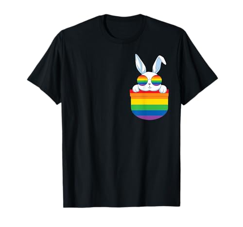 Divertido bolsillo blanco conejo LGBT animal arco iris bandera gay orgullo Camiseta