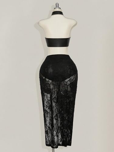 Verdusa Women's Plus Size Lace Skirt High Waisted Split Bodycon Midi Skirts2