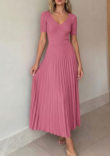 Image of PRETTYGARDEN Women's 2026 Spring Midi Sweater Dresses Elegant Pleated Ribbed Knit Short Sleeve V Neck A Line Summer Outfits