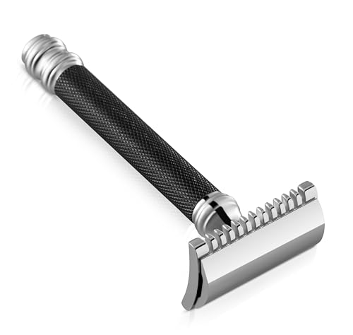 Image of Parker 26C -Black Handle Three Piece Open Comb Double Edge Safety Razor & 5 Premium Platinum Double Edge Razor Blades
