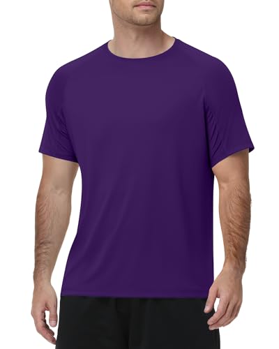 Runhit Mens Swim Shirt Short Sleeve UPF 50+ Sun Protection T-Shirt UV SPF Athletic Rash Guard for Fishing Beach Outdoor Sports Quick Dry Deep Purple L