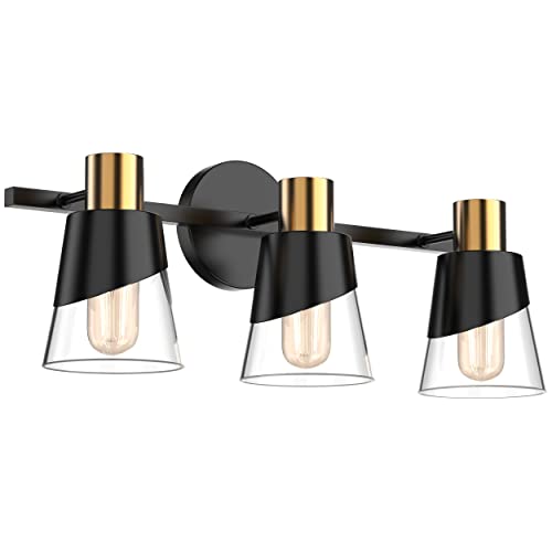 URSOLA Bathroom Vanity Light, 3 Lights Bathroom Light Fixtures Over Mirror, 20.47 inch Bathroom Light Fixtures, Black and Gold Design with Bevelled Edge and Clear Glass Shade Wall Lamp