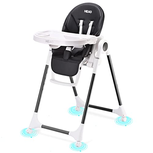 Image of HEAO Baby High Chair 360° Rotating Wheels - Black Highchair 7 Heights Adjustable - 5 Positions Recline Baby highchair - Foldable High Chairs for Babies and Toddlers