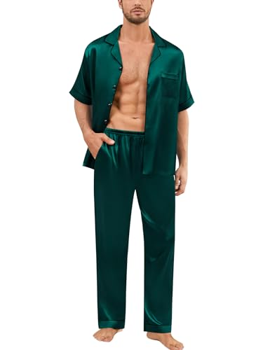 Image of SWOMOG Mens Silk Pajamas Set Satin Pj Set Short Sleeve Sleepwear Button Down Lounge Set with Drawstring & Pockets S-3XL