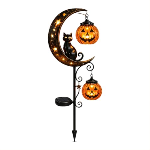 Solar Halloween Black Cat Garden Stake Light Pumpkin Moon Garden Stake Light Hanging Jack-o-Lantern Lantern for Patio Walkway Porch (Style C)