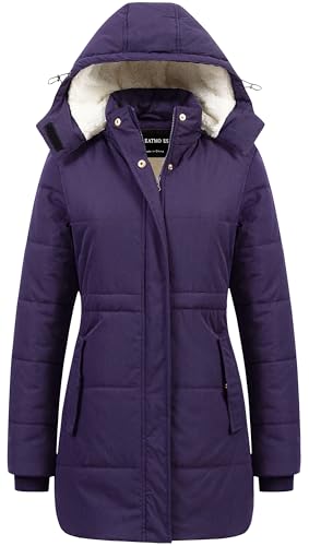 CREATMO US Long Winter Coats For Women Thicken Casual Women's Bubble Coat Sherpa Lined Puffer Jacket Warm Hooded Parka with Pockets Dark Purple 2XL
