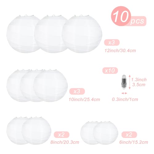 LIHAO 10PCS White Paper Lanterns with Lights, Chinese Hanging Paper Lanterns Party Decorations for Wedding Anniversary Birthday Home Outdoor(Size of 6”, 8”, 10”, 12”)