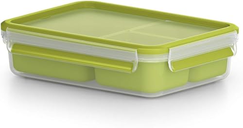 Emsa Clip&Go Snack - Recipiente Hermético de Plástico con 3 Compartimentos y Bandeja Independiente para Comer, Totalmente Hermético y Libre de BPA, 1,20 L, Rectangular, 22.5 x 16.3 x 5.8 cm