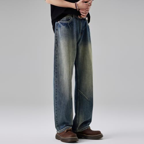 Light Colored Jeans for Men Elastic Waist Fashion Loose Straight Leg Pants Trendy Wide Leg Casual Long Pants4