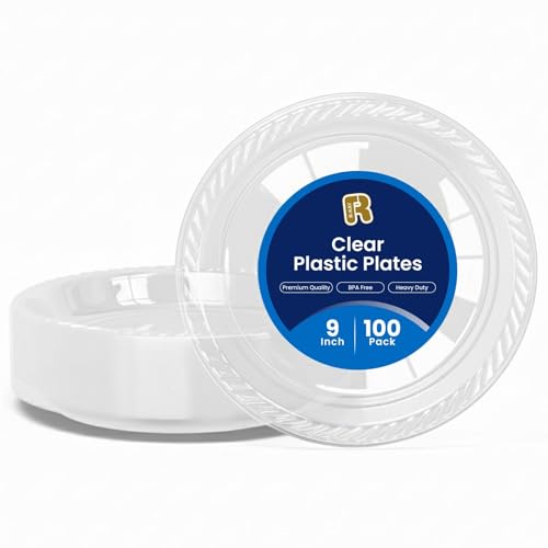 R-kay 100 Pack 9 Inch Clear Plastic Plates Disposable - Heavy Duty 9 Inch Clear Plates For Party - Microwavable Clear Disposable Plates