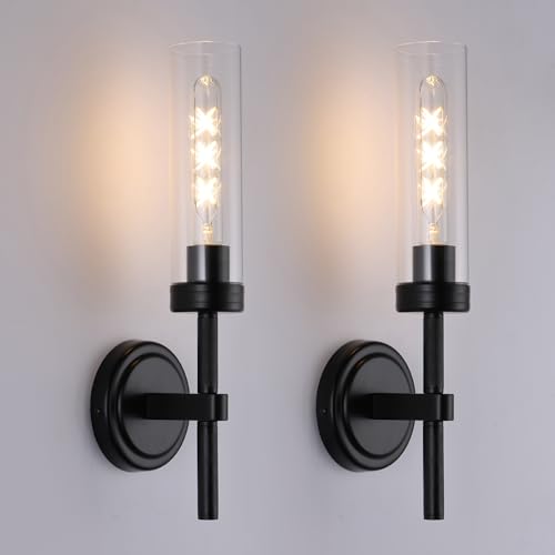 ZAUKNYA-Wall-Sconces-Set-of-Two-Black-Modern-Knurled-Sconce-Wall-Lights-Bathroom-Sconces-Vanity-Wall-Light-Fixture-with-Clear-Glass-for-Indoor-Living-Room-Bedroom-Hallway-Staircase-Black-2-Pack ZAUKNYA Wall Sconces Set of Two Black Modern Knurled Sconce Wall Lights Bathroom Sconces Vanity Wall Light Fixture with Clear Glass for Indoor Living Room Bedroom Hallway Staircase Black 2 Pack