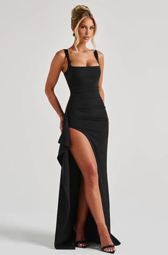 Satin Prom Dresses for Women Spaghetti Straps Ruffle Formal Evening Dress High Split Cocktail Party Gown3