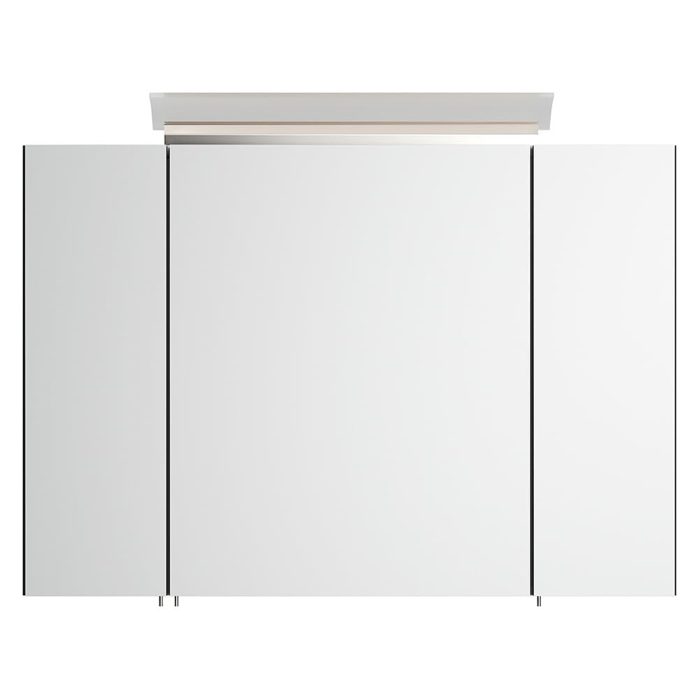 Lomadox Badezimmer Spiegelschrank 90cm, 3-türig, grau mit LED-Aufsatzleuchte, Glasböden, 3D-Funktion, Kombibox (Steckdose mit Schalter)