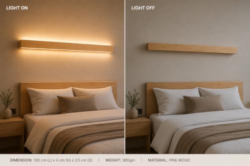 Image of EMON Premium Wooden LED Wall Light Bar 100cm | Modern Warm White Wooden Wall Lamp | Minimalist Decorative Light for Bedroom, Living Room, Staircase & Hotel Decor