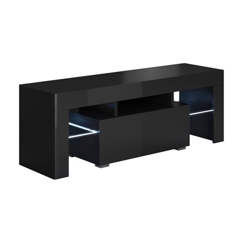 MB Muebles Bonitos, Mueble TV Elio con Luz LED para Salón Moderno, 1 Cajón con Apertura Push, Mueble de Melamina Brillo, Color Negro, 130x45x35 cm