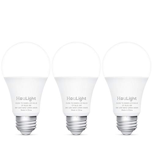 HouLight Dusk-to-Dawn 800 Lumen A19 LED Light Bulb, 60-Watt Equivalent, 8-Watt 5000K, Daylight White (3 Pack)