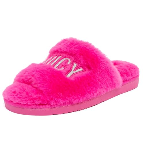 Juicy Couture Women's Faux Fur Slide Sandal Slippers, Open Toe, Comfortable Indoor Outdoor House Shoes, Eldoris-bright Pink, Small