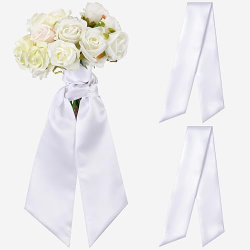 2 Pcs Wedding Bouquet Sash Satin Blank Plain White Wreath Sash for Front Door Senior Night Graduation HOCO Prom Embroidery Monogram Farmhouse Indoor Outdoor Yard Doorway Porch Party Decor 9.4 x 13.4