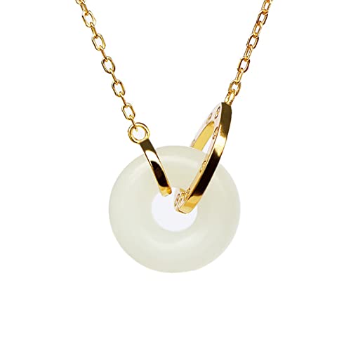 天然翡翠ドーナツネックレス 女性用 ホワイトジェムストーン 金メッキ サークルペンダント 幸運 癒しのチャームネックレス 女性/女の子/母へのギフト 長さ調節可能 18インチ, 18 inches, 金メッキ銅。, カルセドニー