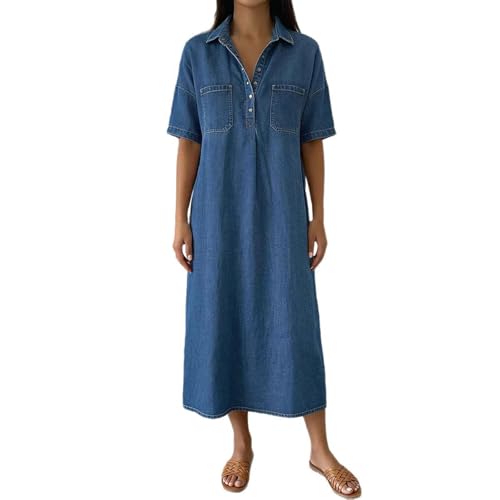 Robe en jean d'été longue boutonnée élégante avec poches latérales