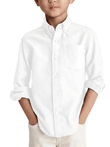 Haloumoning Jungen Langarm Hemden Baumwoll Casual Hemd Kinder Einfarbig Shirt Oberteil mit Brusttasche Weiß 4-6 Jahre