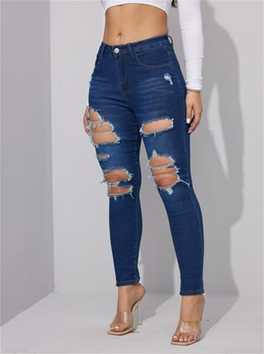 Women's High Rise Skinny Stretch Ripped Jeans High Waisted Destroyed Butt Lift Slim Fit Tight Denim Pan2