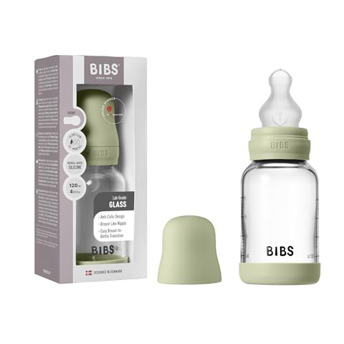 BIBS Baby Glass Bottle. Anticólicos. Tetina redonda de Silicona. Favorece la lactancia natural, 120ml, Complete Set - Sage
