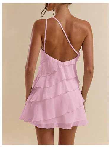 SOLY HUX Women's One Shoulder Ruffle Mesh Mini Dress Layered Backless Vacation Party Sundresses3