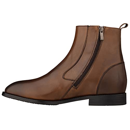 TOTO Men's Invisible Height Increasing Elevator Shoes - Coffee Brown Leather Slip-on Chelsea Boots - 2.6 Inches Taller - K33093 - Size 9 D(M) US3