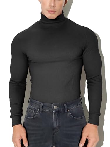 Yewloch Mens Turtleneck Long Sleeve Shirts Thermal Base Layer T-Shirts Pullover Top Lightweight Undershirt Black,S