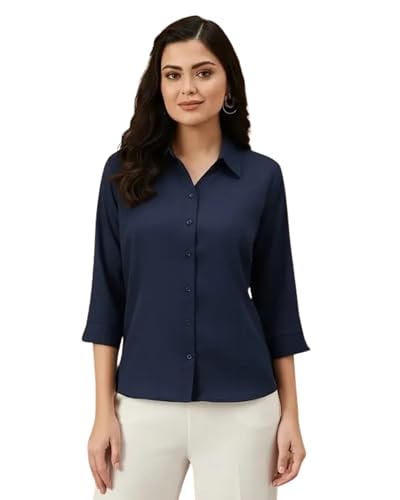 Image of Women's Viscose Rayon Button Down 3 /4 Sleeves Collar Neck Plain Formal Shirt Pack of 1