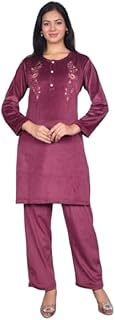 ladygram Winter Night Suit for Ladies in Velvet Fabric | Long Length Design with Embroidered Neck | Comfortable Sleepwear in Pink | Available in XL & XXL Sizes-picture-15