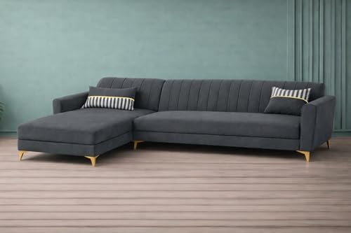 Image of Adorn India Premium Luster 6 Seater L Shape Sofa Set | Velvet Suede Fabric | 3-Year Warranty | LHS |Color Dark Grey with Golden Legs & Striped Pattern Cushion