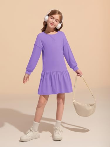 Haloumoning Girls Long Sleeve Dresses Sweatshirt Dress Kids Casual Crewneck Rib Knit Mini Dress 5-14 Years4