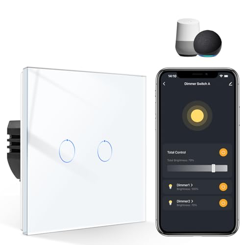 CNBINGO Smart Dimmer Switch for Dimmable LED Light, Voice Control by Alexa, Remote Control by Smart Life App, WiFi Touch Light Switch with Glass Wall Plate, Backlight, Neutral Wire Required
