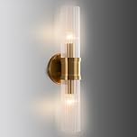 FTL Vintage Wall Lights, Indoor 2-Light Wall Sconce with Clear Striped Glass Shade, Gold Bedside Wall Mounted Lamp Fixture, E14 Inside Lighting for Bathroom Living Room Porch, Hardwired, 1 Pack