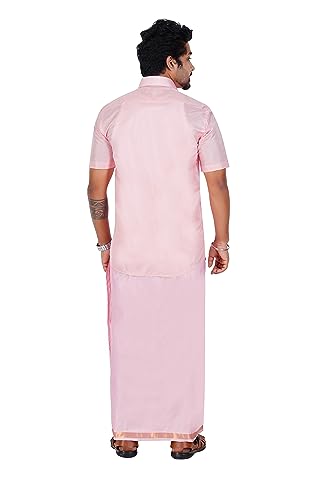 Image of PRAKASAM COTTON-Mens Art Silk Wedding Set /Art Silk 8 Mulam (8-Yard) Dhoti and Stitched Shirt for mens