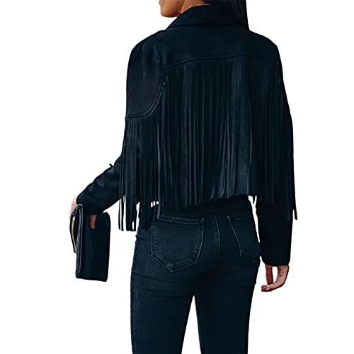 Fufucaillm Women Vintage Faux Suede Tassel Cropped Jacket Long Sleeve Fringe Coat Hippie Motorcycle Biker Jacket Tops (Black, Medium) #TOP2