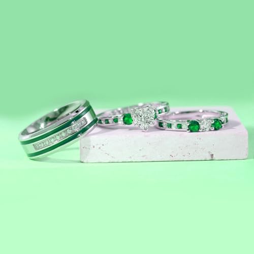 Couple Rings White Gold Plated 925 Sterling Silver Ring Green 1CT Heart CZ Women Wedding Ring Sets Men Titanium Steel Ring3