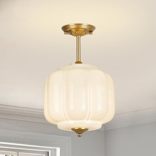 Image of 9.4 inch Milk Glass Semi Flush Mount Ceiling Light Fixture, Vintage Gold Ceiling Lamp for Hallway, Kitchen, Bedroom, Entryway, Antique Mid Century Lighting with Scallop Shade for Small Rooms