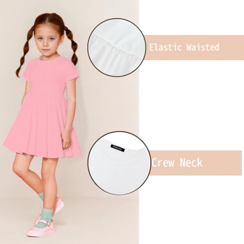 Girls Short Sleeve Dress Elastic Waisted Solid Color A Line Dresses 5-14 Years4