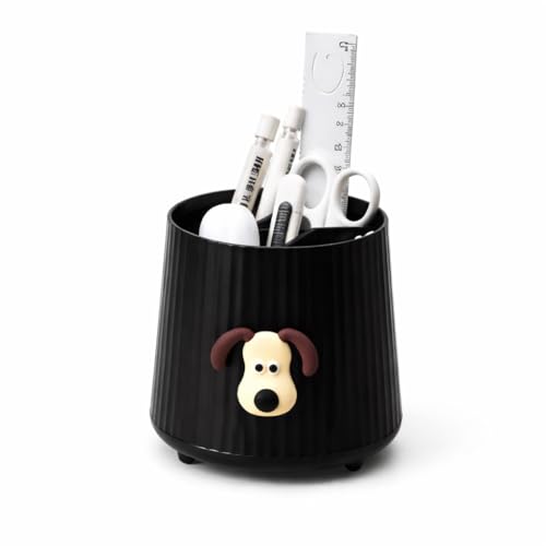 Image of AccuPrints Sumiko Plastic Desk Organiser Pen Holder with Dog Design, Semicircular Shape, 11.5 x 10.5 cm, 4 Compartments, Matte Finish (Black)