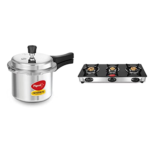 Image of Pigeon by Stovekraft Favourite Outer Lid Non Induction Aluminium Pressure Cooker, 3 litres, Silver & Favourite 3 Burner Line Cook Top Stove, Black Combo