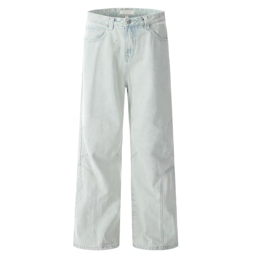 Men’s Raw Edge Pocket Jeans, High Street Retro Washed Distressed, Loose Wide Leg Denim Pants4