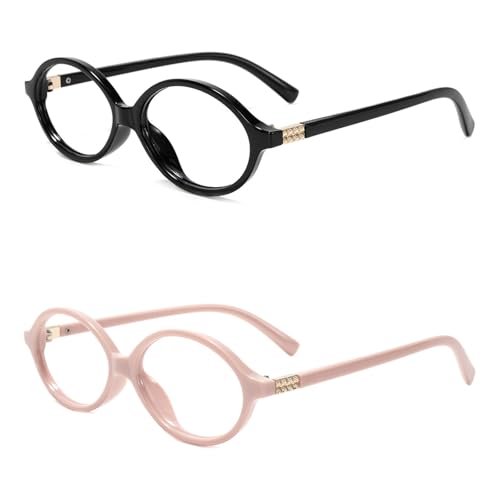 Image of Slocyclub 2 pack Oval Blue Light Blocking Glasses for Women | Filters harmful blue light, reduces eye strain, Vintage oval frame, Lightweight for daily wear