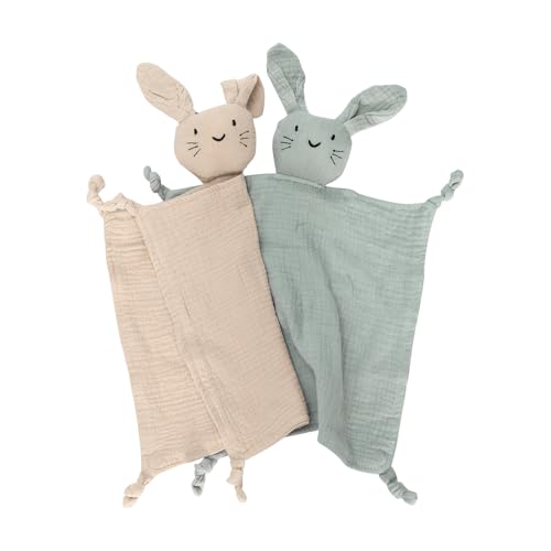 Organic Cotton Muslin Bunny Lovey Blanket, Soft & Breathable Security Blanket for Newborns, Unique Baby Gifts for Boys and Girls, 2 Pcs Set...