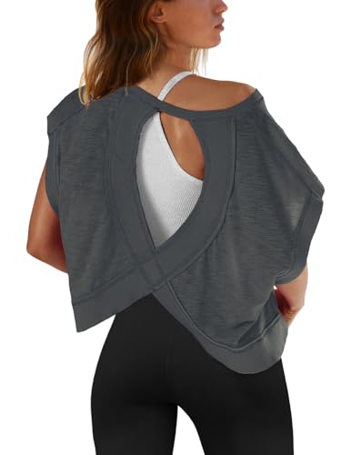 Image of SENSERISE Womens Open Back Workout Tops Backless Short Sleeve Athletic Shirt Running Crop Top Gym Yoga Tee