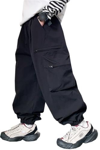 Cromoncent Boys Baggy Cargo Pants Casual Loose Fit Joggers with Zipper Pockets, 4-14 Years
